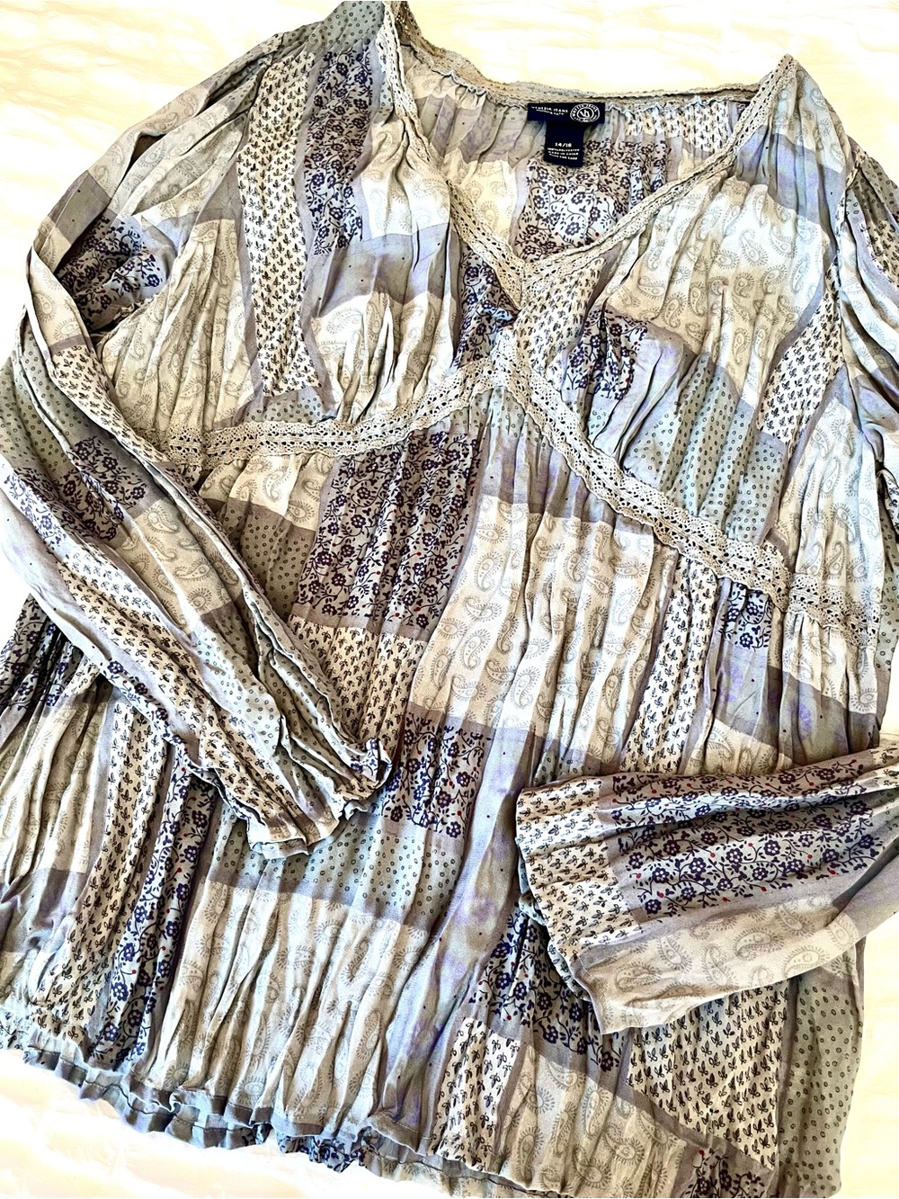 Women's Cream and Blue Printed Peasant Top